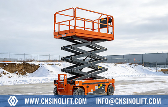 Electric scissor lift working on snowy ground