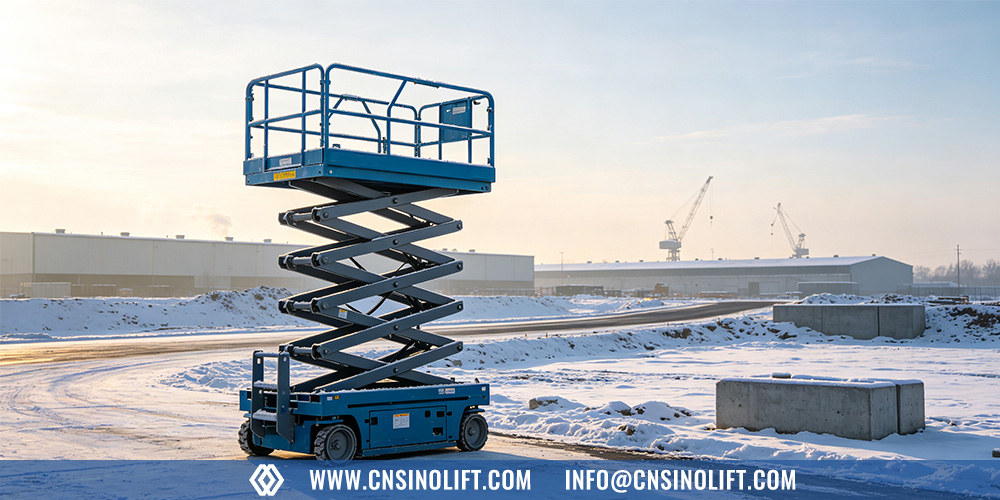 Electric scissor lift working on snowy ground