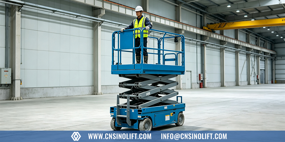 Indoor electric self-propelled scissor lift on concrete floor