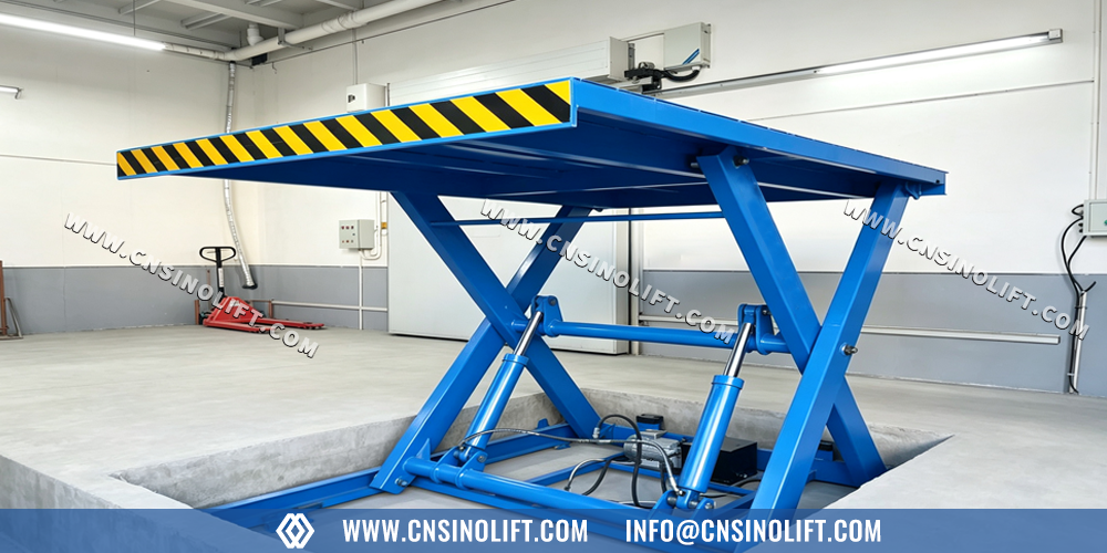 Pit-type fixed scissor lift installed flush with ground