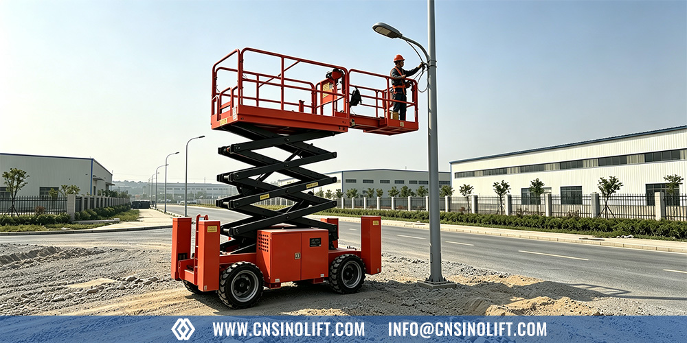 Rough-terrain self-propelled scissor lift operating on gravel