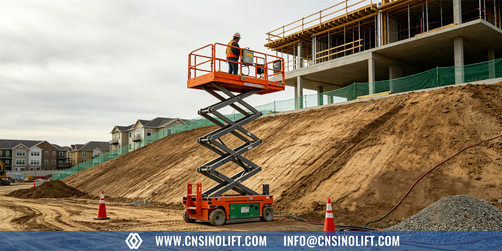 Scissor lift on a construction site with sloped ground