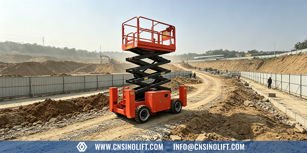 Diesel rough-terrain scissor lift working on a construction site