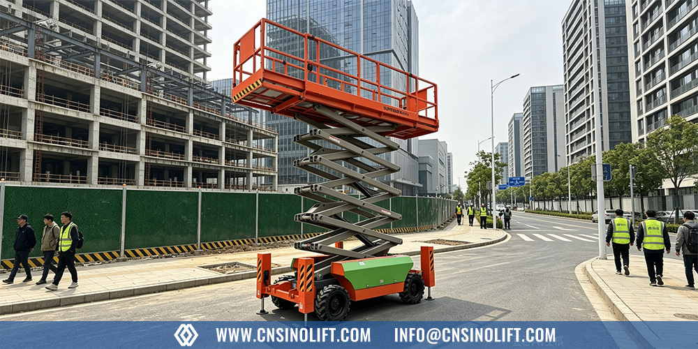 Electric rough-terrain scissor lift in urban construction environment