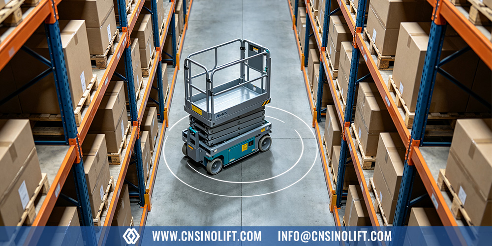 Electric scissor lift turning in a narrow aisle