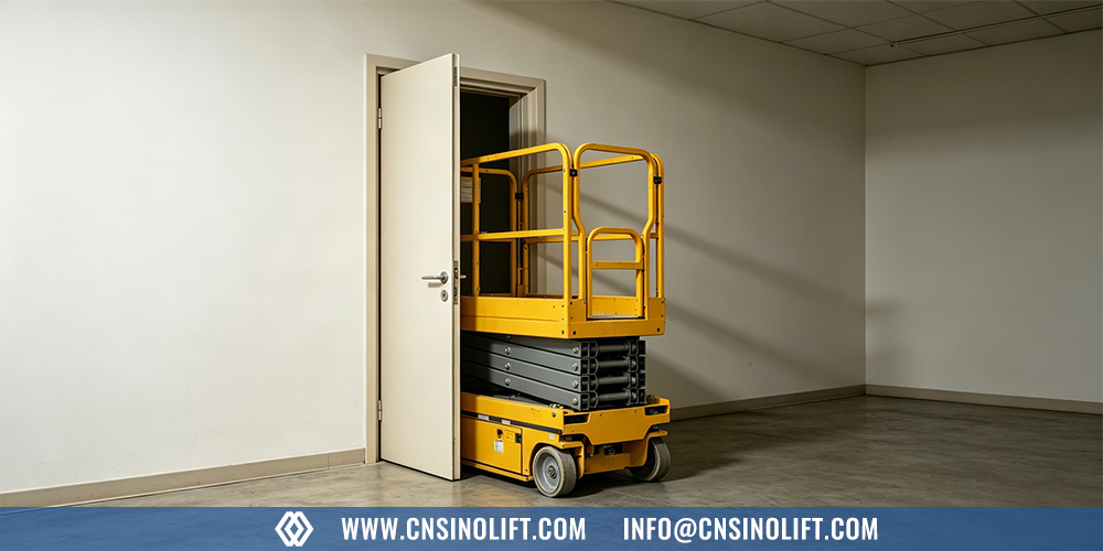 Self-propelled electric scissor lift operating in a narrow warehouse aisle