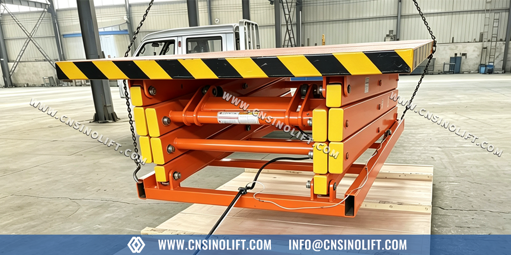 Fixed scissor lift at closed height showing ultra-low profile