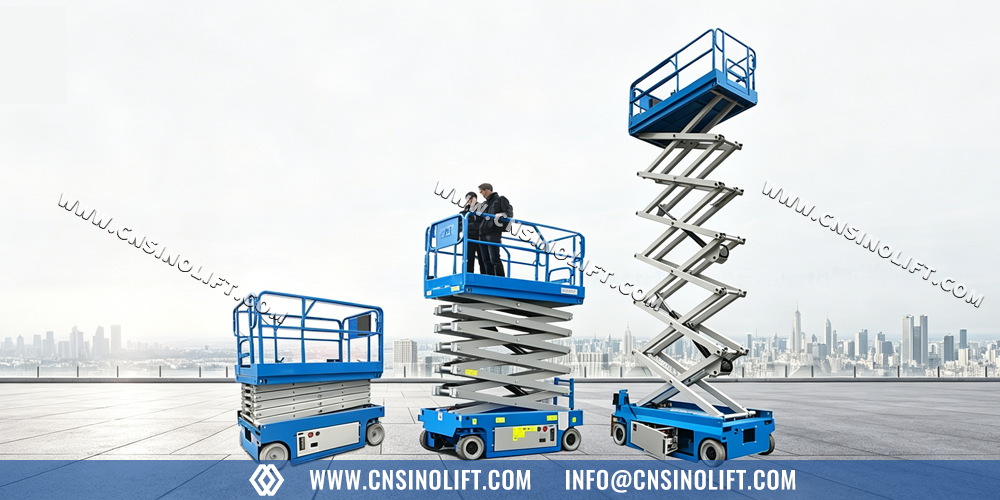 SINO LIFT GTJZ series electric scissor lift size comparison chart showing 6m 8m and 10m platform height models