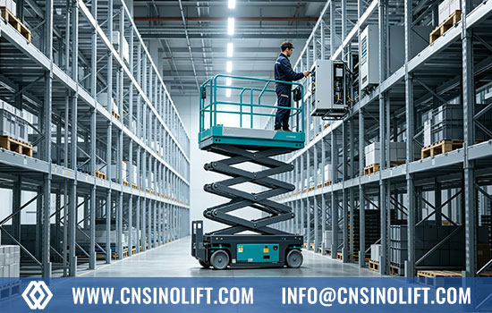 Electric self‑propelled scissor lift working inside modern warehouse for rack inspection and ceiling maintenance