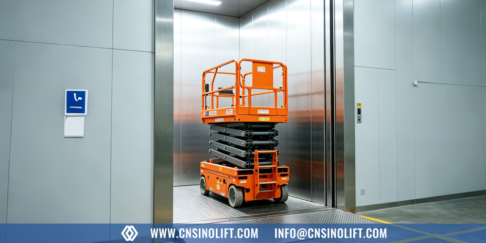 Narrow scissor lift driving into building elevator