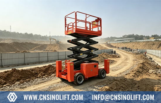 Rough terrain scissor lift on gravel ground