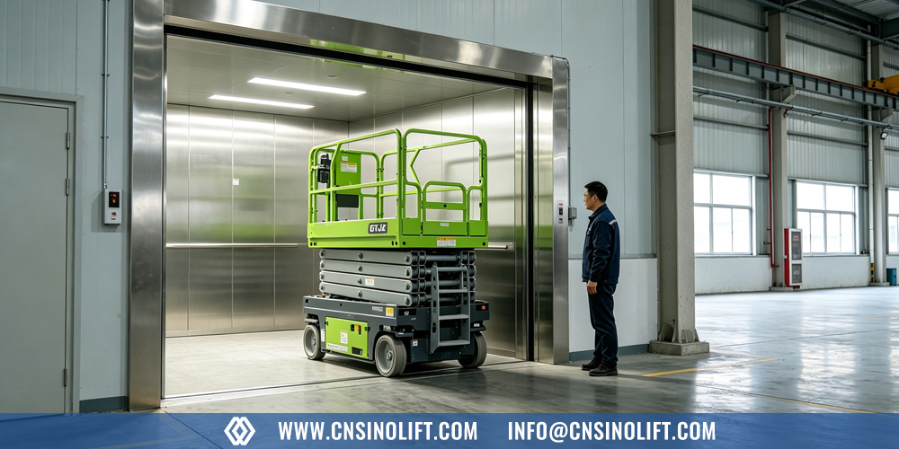 Scissor lift driving into a freight elevator