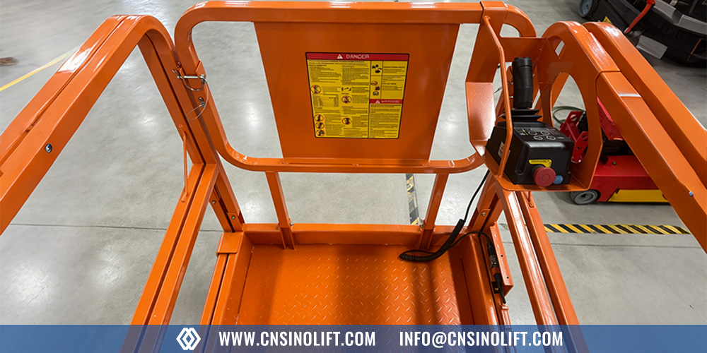 Scissor lift platform assembly with guardrails and entry gate