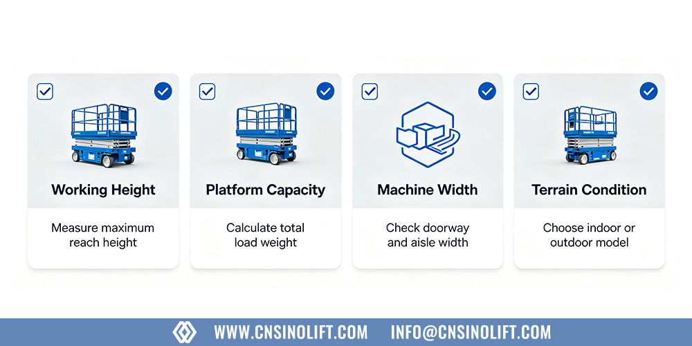 Scissor lift size selection checklist infographic