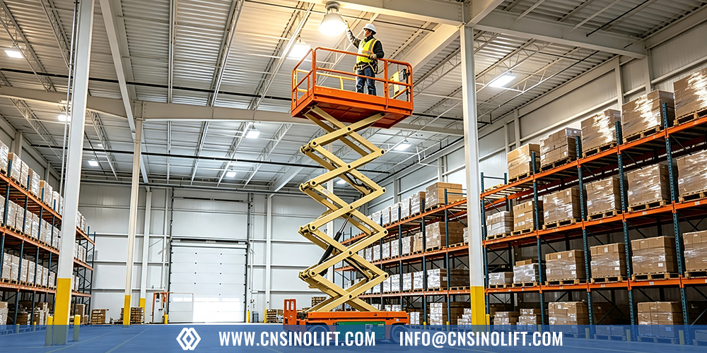 Self-propelled electric scissor lift used for indoor repair and maintenance
